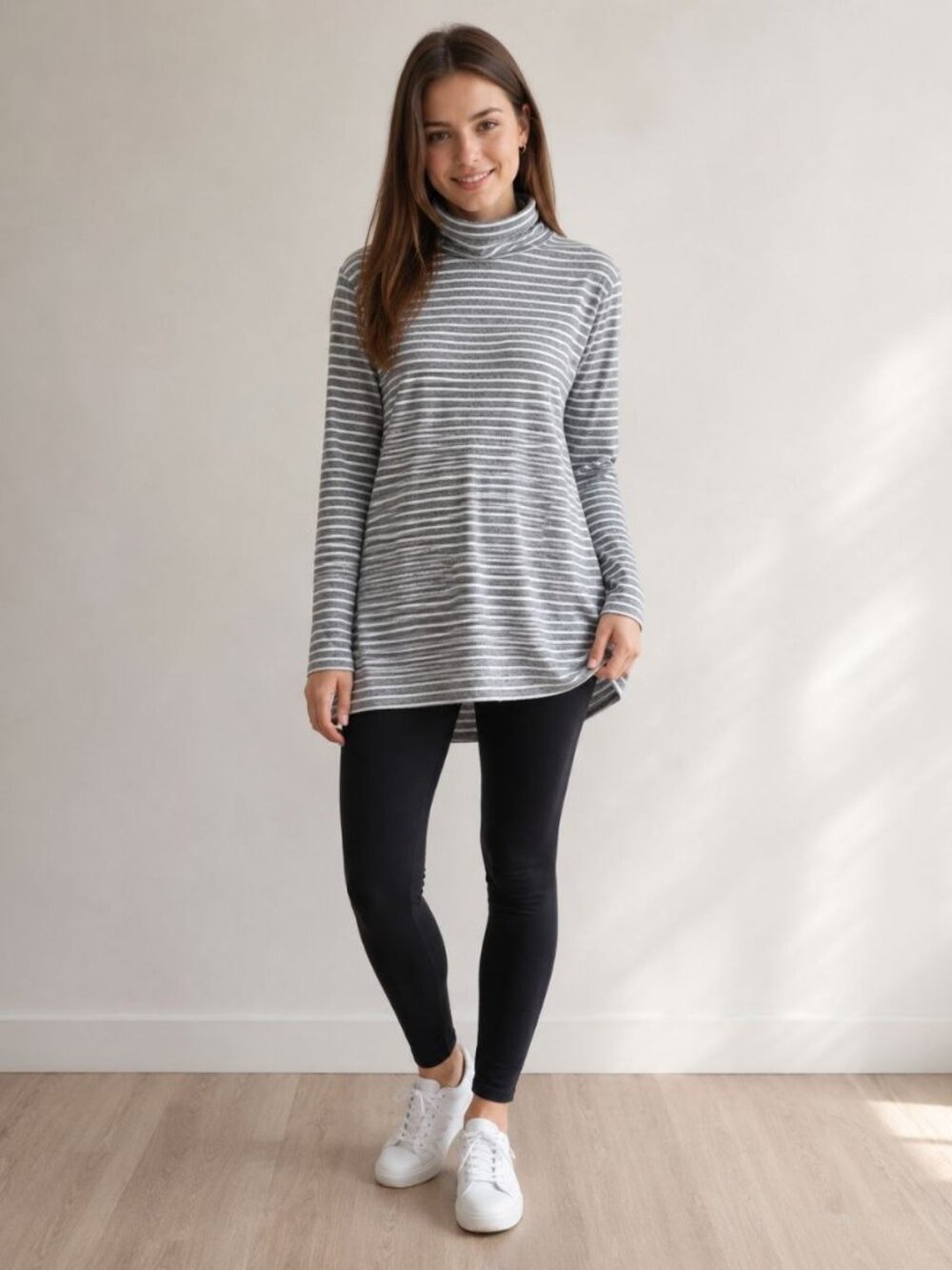 DIP Women's Striped Turtleneck Tunic Top Size Small Gray White Soft Stretch Long
